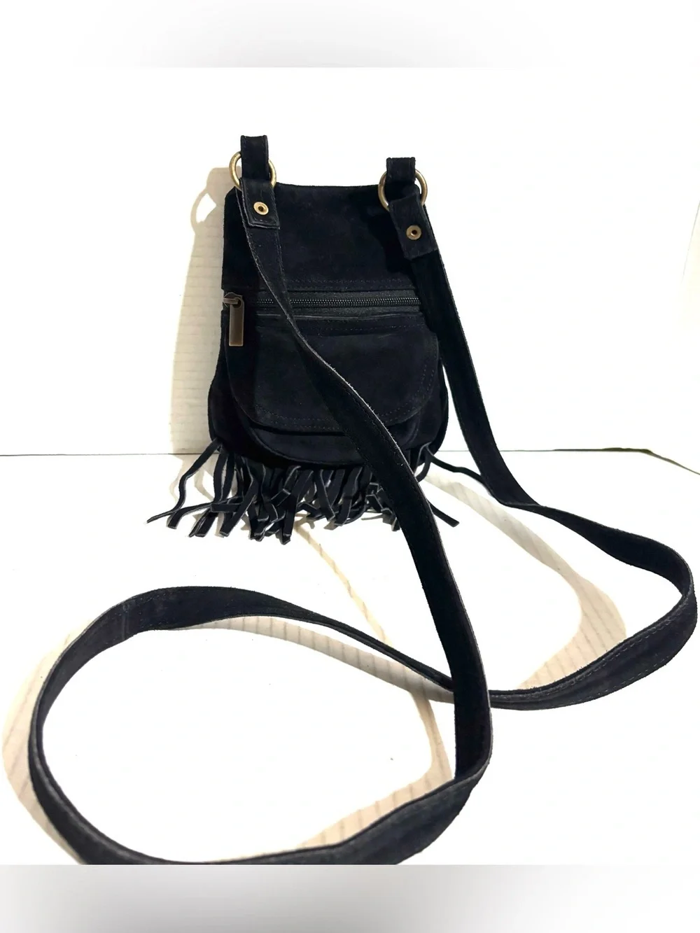 Vintage Black Suede Fringe Crossbody Bag